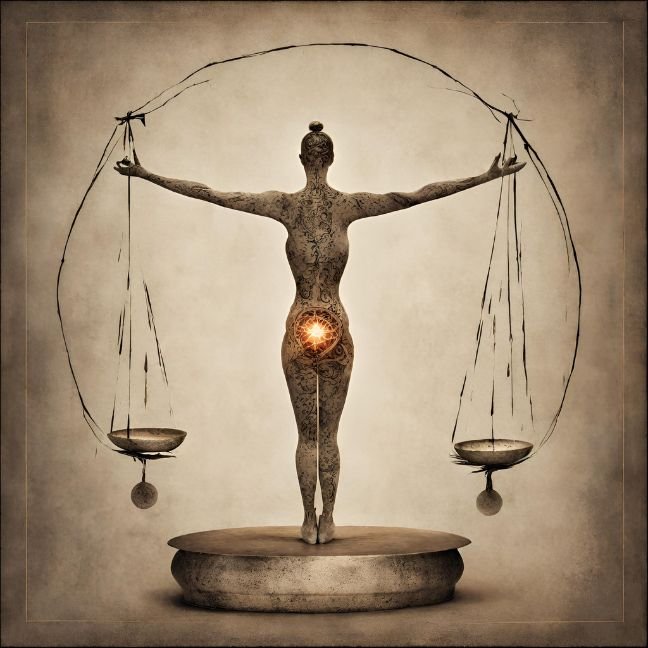 Mulher segurando duas balanças e com uma luz em seu chakra base demonstrando o equilíbrio entre a mente, o corpo e o esírito... O Segredo da Qualidade de Vida. É uma imagem de capa do artigo.