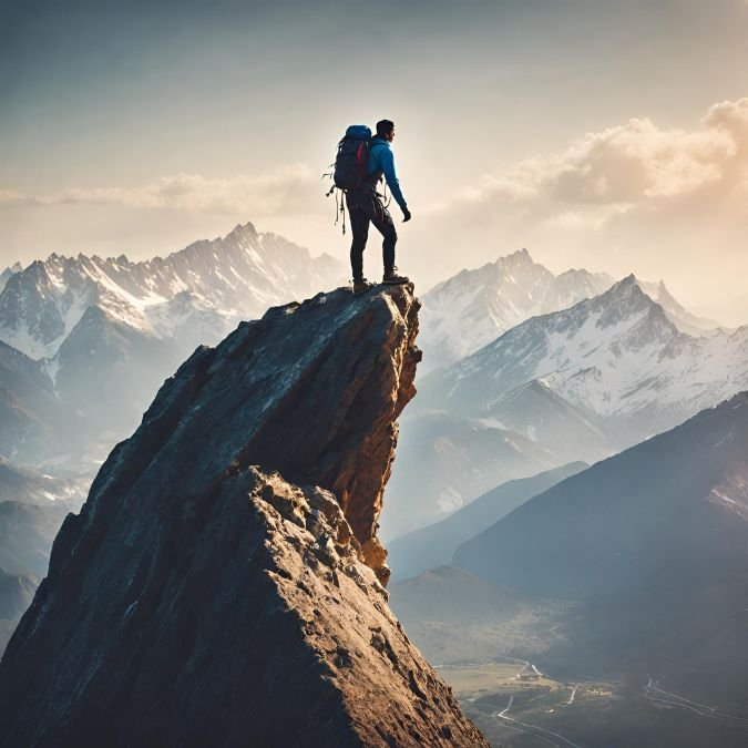 Alguém escalando uma montanha com uma vista espetacular ao fundo, simbolizando a fusão entre a adrenalina dos esportes radicais e a serenidade da natureza. que ajudam a enfrentas a dificuldade na vida.