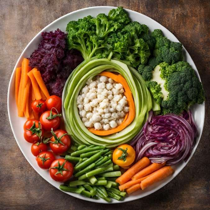 Prato de comida saudável com uma variedade de vegetais coloridos simbolizando escolhas da vida.