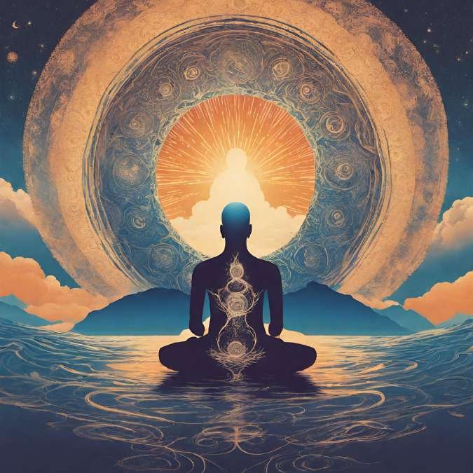 Uma pessoa em estado de profunda paz e meditação, simbolizando a busca interior pelo nirvando e superando a dificuldade na vida.