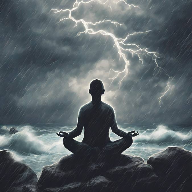 Uma pessoa meditando tranquilamente apesar de um cenário de tempestade ao seu redor, representando a resiliência emocional em meio à dificuldade na vida.
