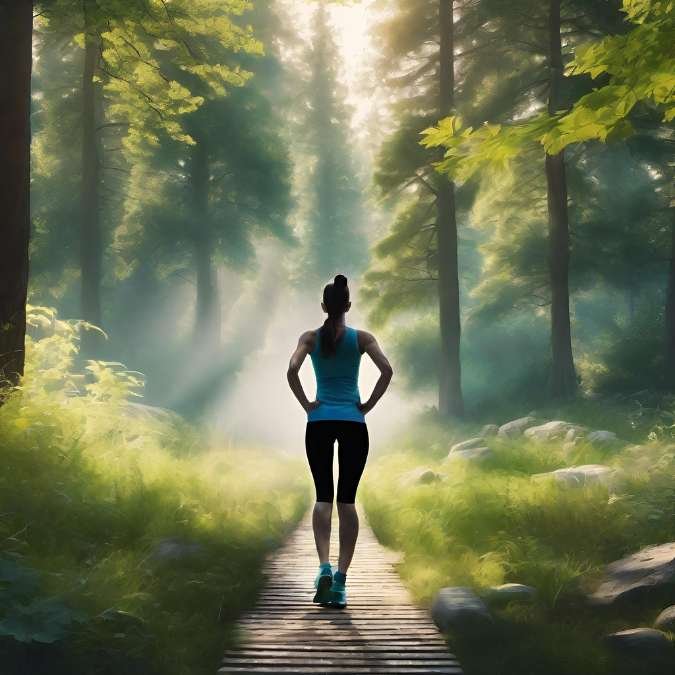 Mulher praticando sua atividade física ao ar livre rodeada por natureza em um lugar inspirador, sugerindo integração e harmonia em sua v ida