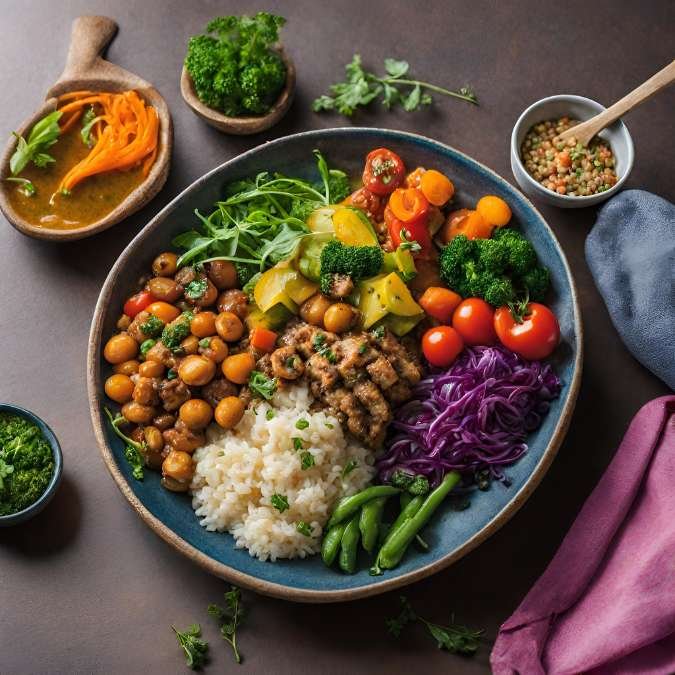 Prato vegano bem apresentado e repleto de cores, destacando a beleza e a variedade em uma refeição 100% baseada em plantas, capaz de aguçar o paladar só de olhar.