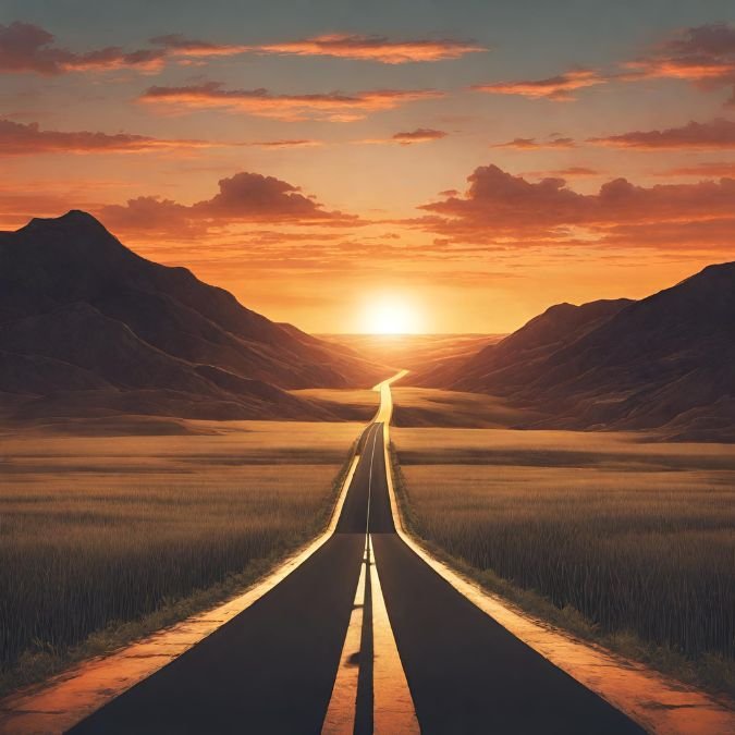 Estrada em direção ao pôr do Sol.
