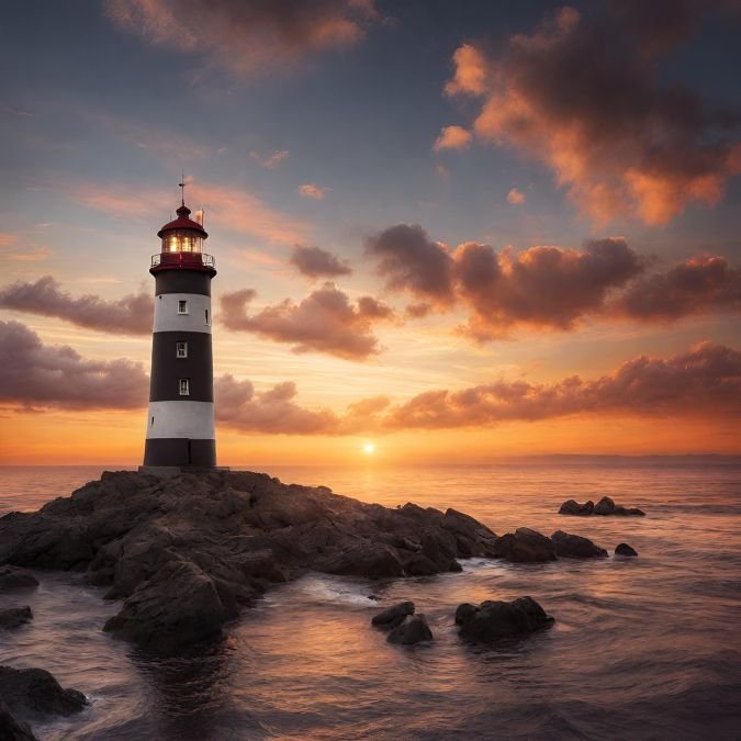 Foto inspiradora de um farol durante um pôr do sol, simbolizando a orientação constante e a esperança trazida pela autodisciplina na jornada em direção ao desenvolvimento pessoal.