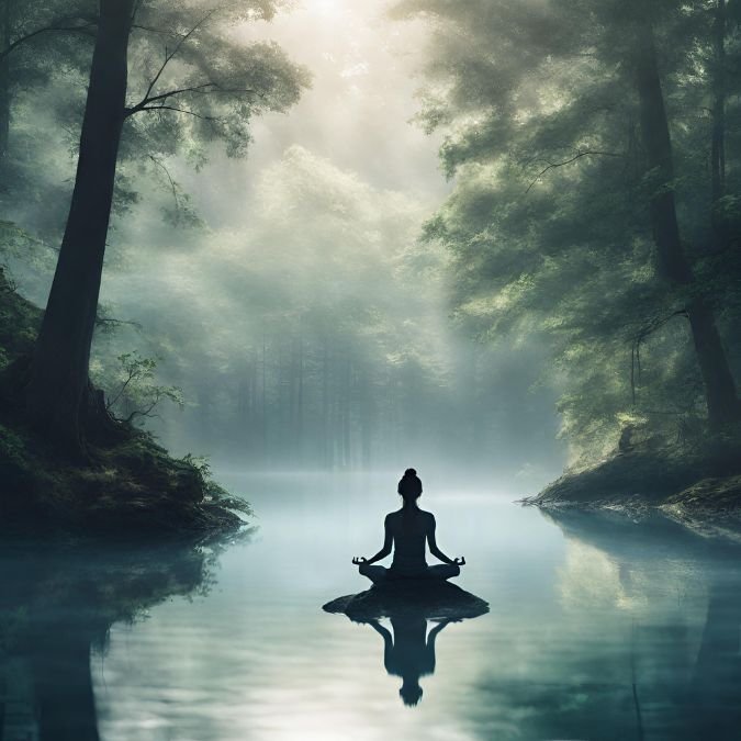 Mulher meditando em uma floresta linda e úmida com um lago translúcido.