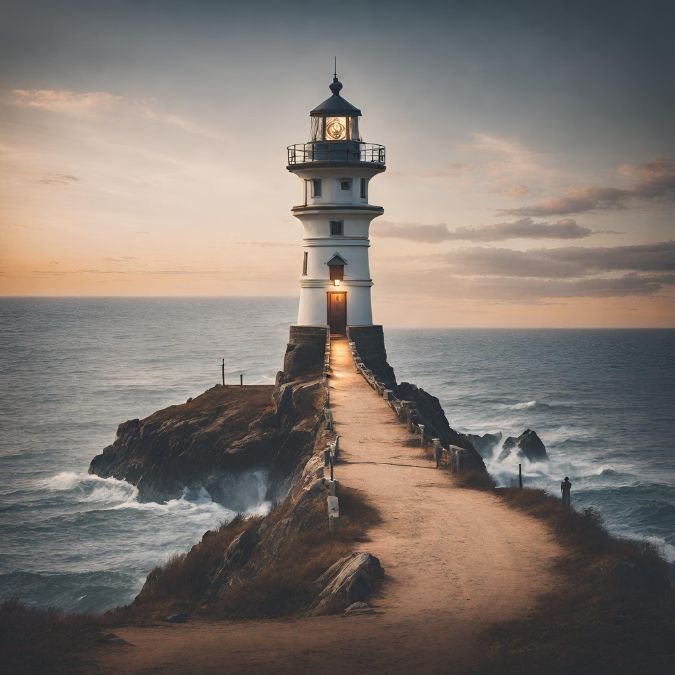 Um farol, simbolizando a orientação e o direcionamento que metas bem definidas fornecem.