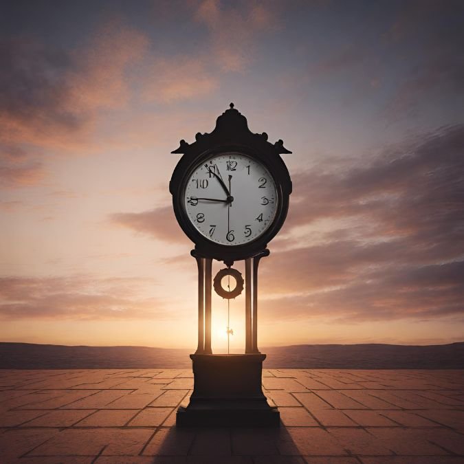 Um relógio com o entardecer ao fundo, simbolizando o início de uma jornada de produtividade e desenvolvimento pessoal.