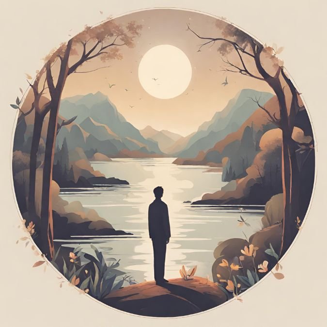 Uma paisagem tranquila com uma pessoa em meio à natureza, contemplativa, transmitindo a sensação de paz interior que o gerenciamento de tempo eficaz pode proporcionar.