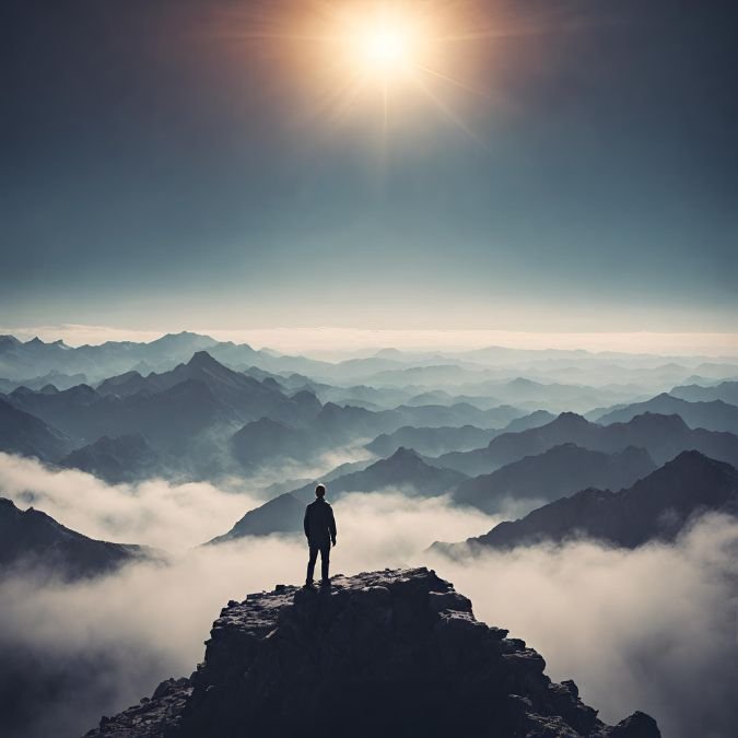 Uma pessoa no topo de uma montanha, olhando para o horizonte, simbolizando o alcance do potencial individual.