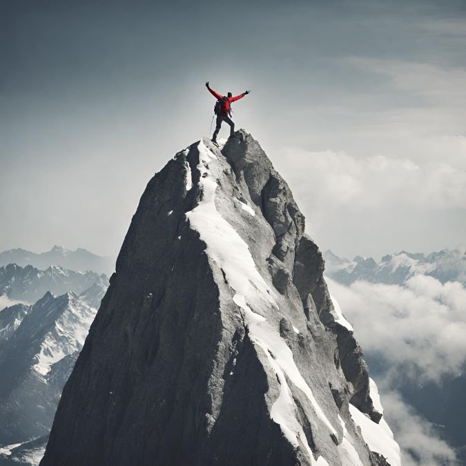 Escalador atingindo o pico da montanha em prática de esportes radicais.