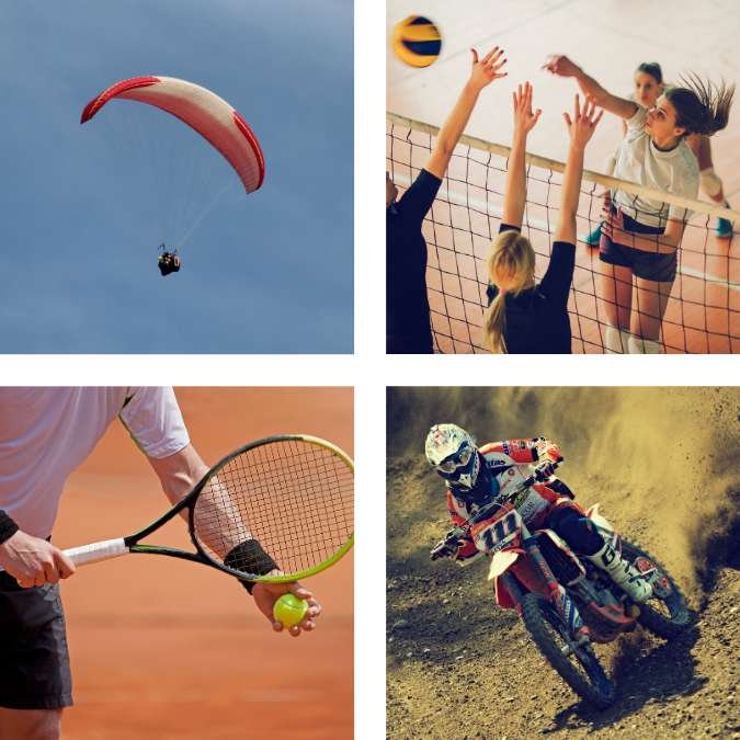 Esportes radicais lado a lado com esportes tradicionais. Vôlei e Tênis, Parapente e Motocross.