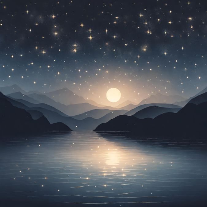 Céu estrelado com a lua, uma ótima noite para construir uma boa higiene do sono e conquistar um sono tranquilo longe das telas.