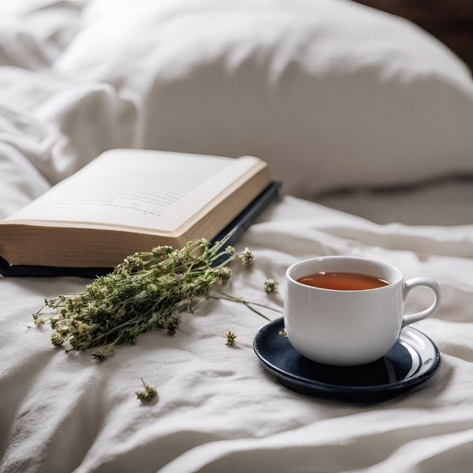 Livro e chá de camomila na cama.