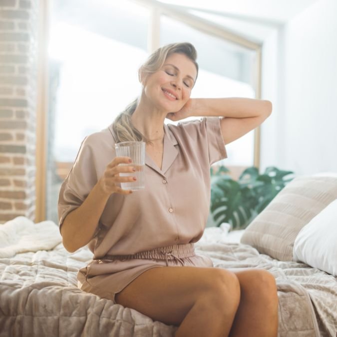 Mulher despertando muito feliz graças a uma ótima higiene do sono.