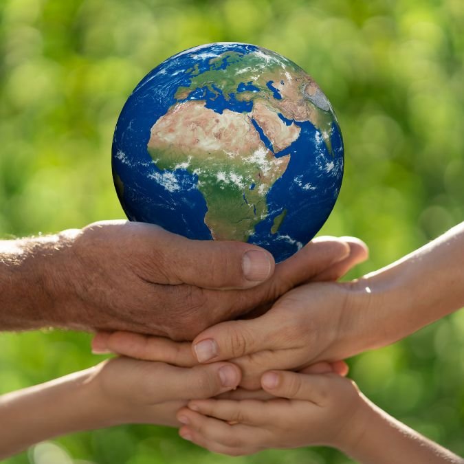 Mãos segurando o Planeta Terra, simbolizando a proteção e o cuidado que devemos empregar ao explorar seus recantos.